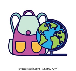 back to school education backpack and globe map geography vector illustration