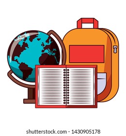 Back to school education backpack and notebook with world globe cartoons vector illustration graphic design