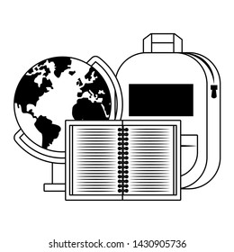 Back to school education backpack and notebook with world globe cartoons vector illustration graphic design