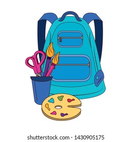 Back to school education backpack and paint palette with scissors and brushes in cup cartoons vector illustration graphic design
