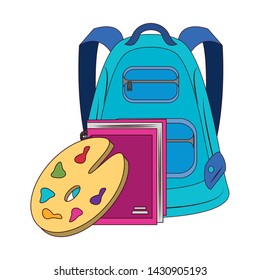 Back to school education backpack and paint palette with book cartoons vector illustration graphic design