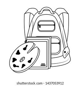 Back to school education backpack and paint palette with book cartoons vector illustration graphic design