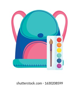 back to school education backpack and palette color brush art vector illustration