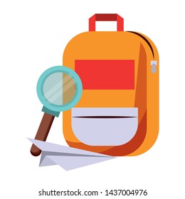Back to school education backpack and paperplane and magnifying glass cartoons vector illustration graphic design