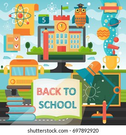 Back to School education banner with book, bus, lamp and education icons. Vector Flat Illustration. School Education Concept. Vector illustration.