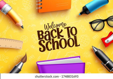 Back to school education banner. Back to school welcome text with colorful educational supplies, elements and items in yellow pattern background for kids learning designs. Vector illustration.
