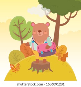 back to school education bear with bag on stump foliage tree vector illustration