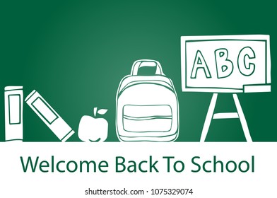 Back to School Education Book, Apple, Bag, Blackboard Flat Line Icon. 