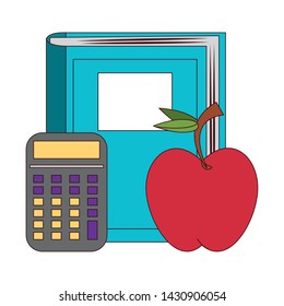 Back to school education book and apple with calculator cartoons vector illustration graphic design