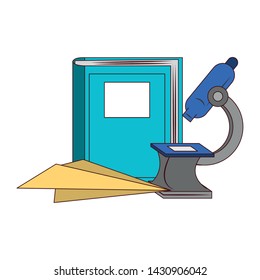 Back to school education book and paperplane with microscope cartoons vector illustration graphic design