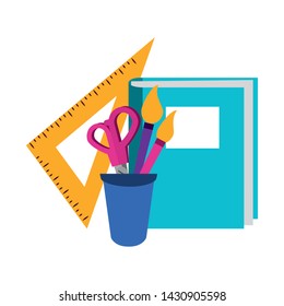 Back to school education book and ruler with scissors and brushes in cup cartoons vector illustration graphic design