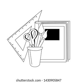 Back to school education book and ruler with scissors and brushes in cup cartoons vector illustration graphic design