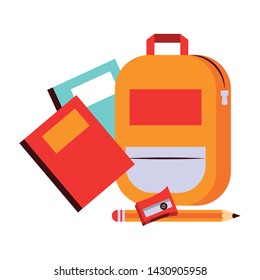 Back to school education books and backpack with sharpener with pencil cartoons vector illustration graphic design