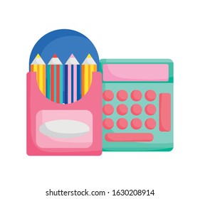 back to school education calculator and colored pencils in box vector illustration