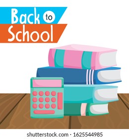back to school education calculator and stacked books vector illustration