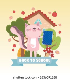 back to school education cat with notebook house fruits flowers landscape vector illustration