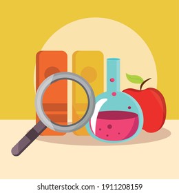 back to school education chemistry test tube magnifier books and apple vector illustration