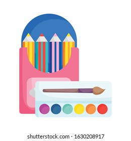 back to school education colored pencils in box and palette color brush art vector illustration