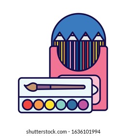 back to school education colored pencils in box and palette color brush art vector illustration