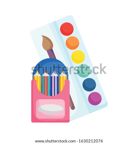 back to school education colored pencils in box and palette color brush vector illustration