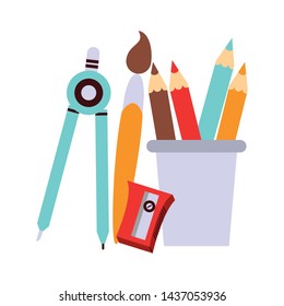 Back to school education compass and brush paint with pencils and sharpener cartoons vector illustration graphic design