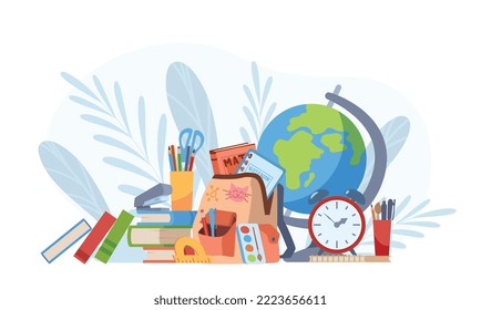 Volviendo a la escuela y al concepto educativo de pancarta con material escolar y papel para estudiantes, ilustración plana vectorial aislada en el fondo blanco.