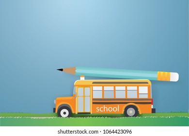 Back to school education concept, Blue pencil on School bus move along country road in green grass,vector and illustration.