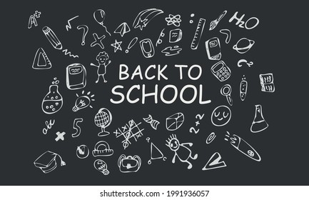 De vuelta a la escuela. Concepto de educación. Una junta escolar con inscripción y dibujos. Gráficos vectoriales con estilo de dibujo o dibujo.