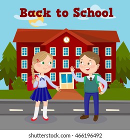 Back to School Education Concept with Building and Pupils. Vector illustration