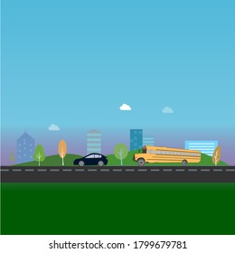 Zurück zum Konzept der Schulbildung. Schulbus fährt zur Schule in der Nähe der Stadt. Cartoon-Vektorgrafik