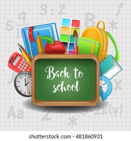 Back to School Education Concept. Chalkboard with Book Notepad and Supplies