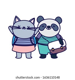 Back to school education concept. cute panda and cat with backpacks vector illustration
