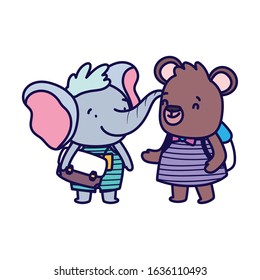 Back to school education concept. cute elephant and bear girl with bags vector illustration