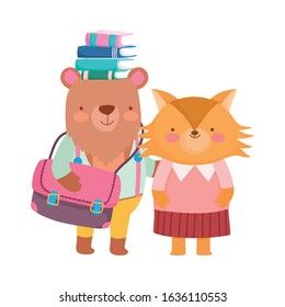 Back to school education concept. Cute bear with bag books in head and fox vector illustration