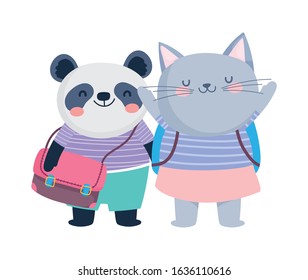 Back to school education concept. Cute panda and cat with backpacks vector illustration