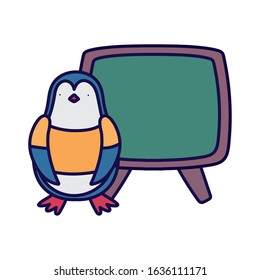 Back to school education concept. Cute penguin with shirt and chalkboard vector illustration