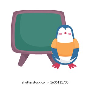 Back to school Education concept. cute penguin with shirt and chalkboard vector illustration