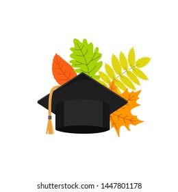 Back to school education concept. Graduation cap with autumn leaves on white background. Vector illustration