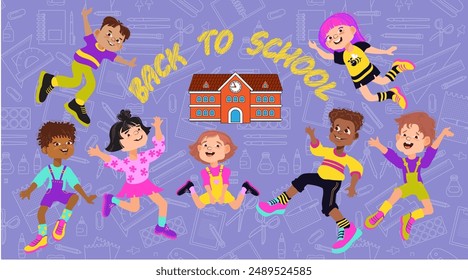 Back to school, education concept. Group of happy Kids. Multiracial funny children jumping, waving their hands, and laughing. School children of different nationalities. Cute vector illustration.