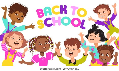 Back to school, education concept. Group of happy Kids. Multiracial funny children jumping, waving their hands, and laughing. School children isolated on white background. Cute vector illustration