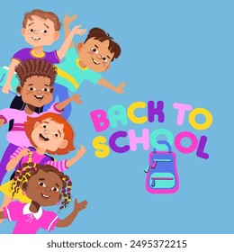 Back to school, education concept. Group of happy Kids. Multiracial funny children smiliing, waving their hands, and laughing. School children of different nationalities. Cute vector illustration.