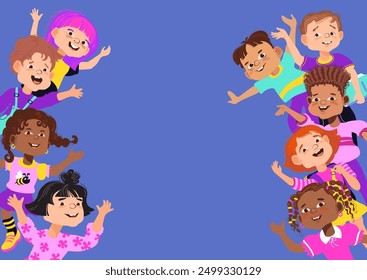 Back to school, education concept. Group of happy Kids. Multiracial funny children smiliing, waving their hands, and laughing. School children of different nationalities. Cute vector illustration.
