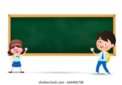 Back to school and education concept, Happy cartoon group of kids in student uniform behind black board with copy space over white background vector illustration eps10
