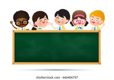 Back to school and education concept, Happy cartoon group of kids in student uniform behind black board with copy space over white background vector illustration eps10