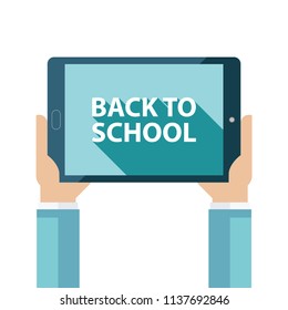 Back to School education concept with long shadow and hands holding tablet computer. Flat design vector illustration.