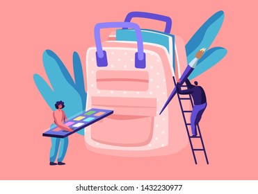 Back to School, Education Concept with Male and Female Characters Put Accessories into Backpack. People Holding Paints and Brush, Stationery, Painting Tools for Class, Cartoon Flat Vector Illustration