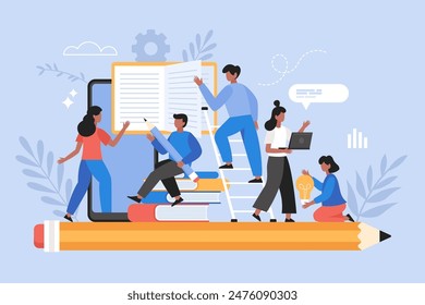 Back to school and education concept. Modern vector illustration of students studying online and reading books 