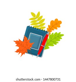 Back to school education concept. Notebook pen with autumn leaves on white background. Vector illustration