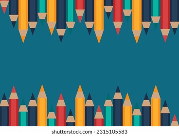 Back to school and education concept. Set of sharpened colored pencils or crayons on green background with copy space. Flat design for a banner. The art and study pictures in the classroom.