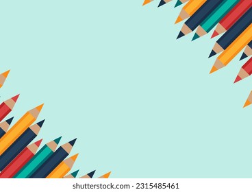 Back to school and education concept. Set of sharpened colored pencils or crayons on green background with copy space. Flat design for a banner. The art and study pictures in the classroom.
